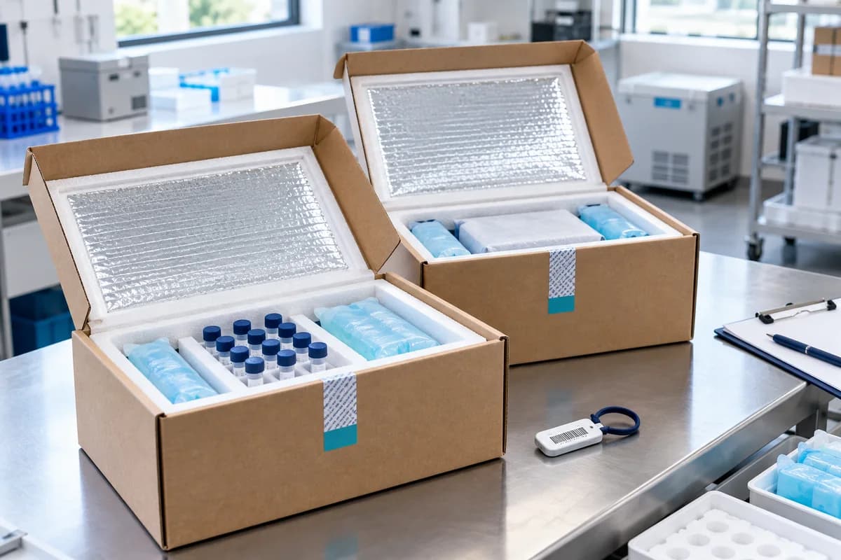 Secure insulated laboratory packages prepared for tracked dispatch